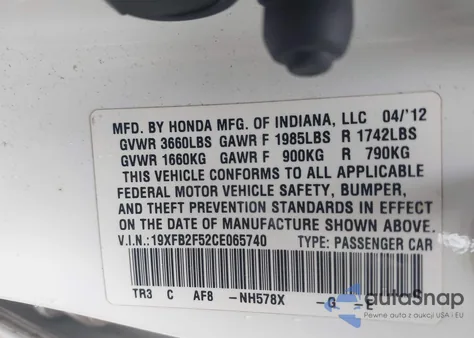 2012 Honda Civic Lx from USA, damaged, VIN 19XFB2F52CE065740